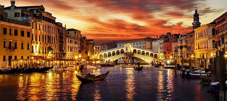 Gondolas by Rialto Bridge, Grand Canal, Venice, Italy