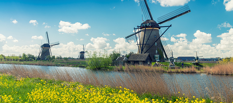Iconic Dutch windmills at Kinderdijk