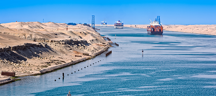 Cargo ships sail on the Suez Canal in Egypt.