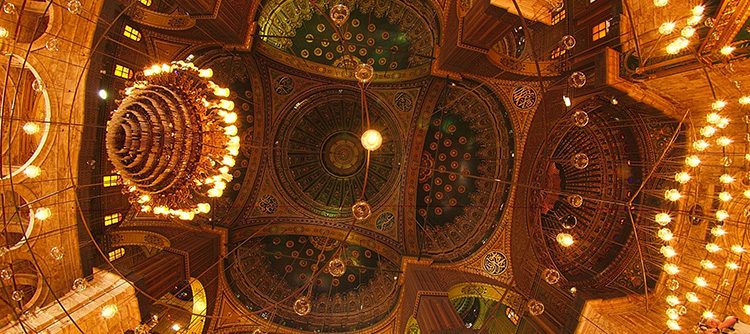 The intricate ceiling of the Muhammad Ali Mosque, Cairo