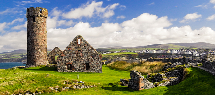 Castle ruins on the verdant Isle of Man